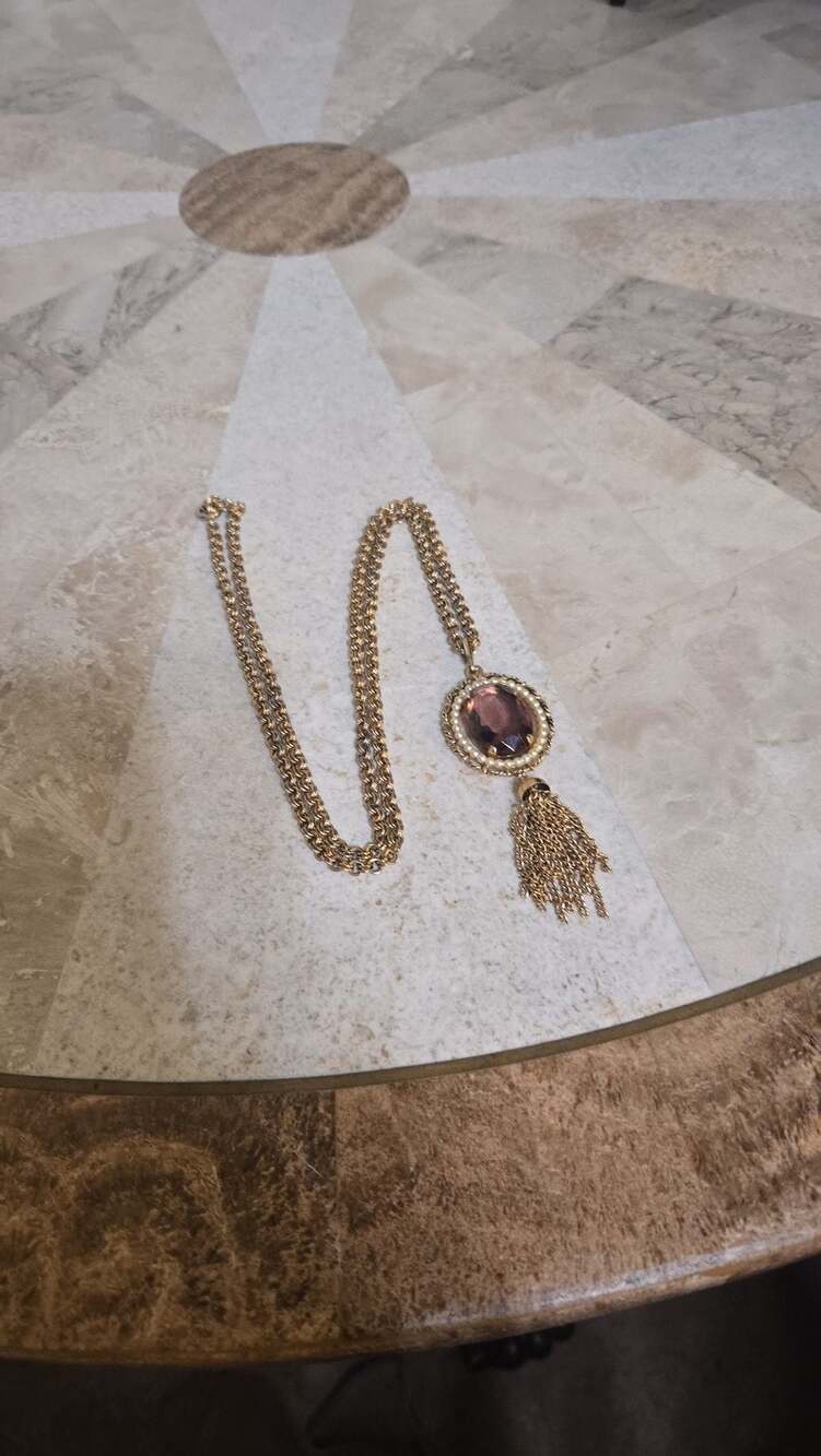 Vintage 1970s Avon Amethyst Glass and Faux Pearl Gold Tone Tassel Pendant Neckla